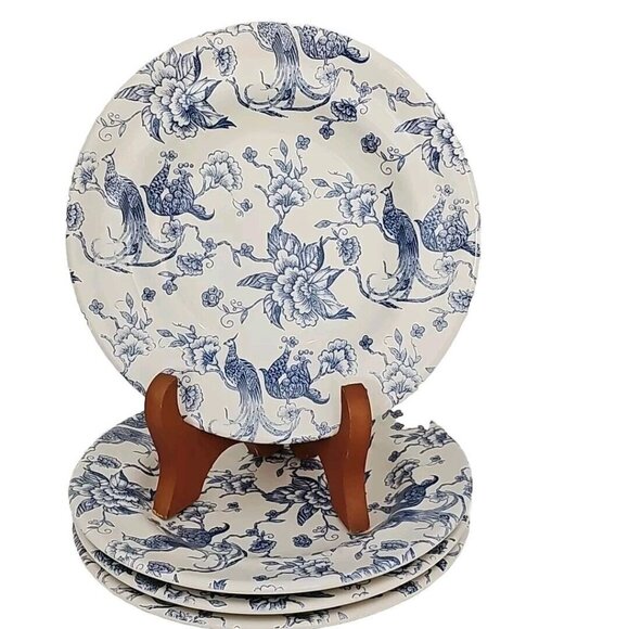 Staffordshire Engravings Bird of Paradise Salad Plate 7" blue white chintz set/4 - Picture 1 of 11